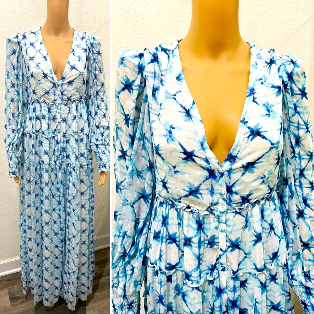 Beautiful Rococo Sand Long Sleeve Blue & White Sparkle Maxi Dress Size M